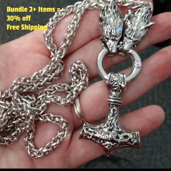 Other - New Thor's Stainless Steel Hammer w Wolf Chain